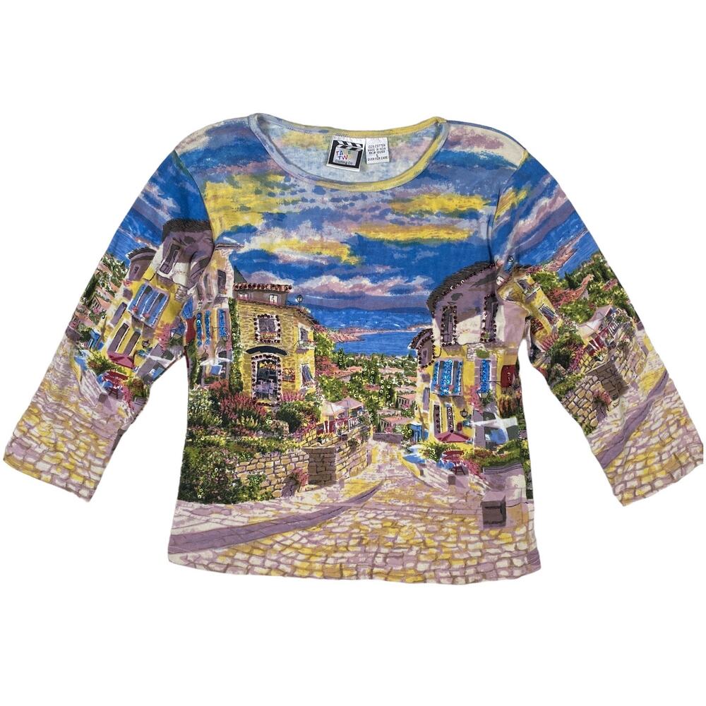 Vintage Y2K Take Two Sequin Euro Cityscape Top Sz Large Art To Wear Embellished
